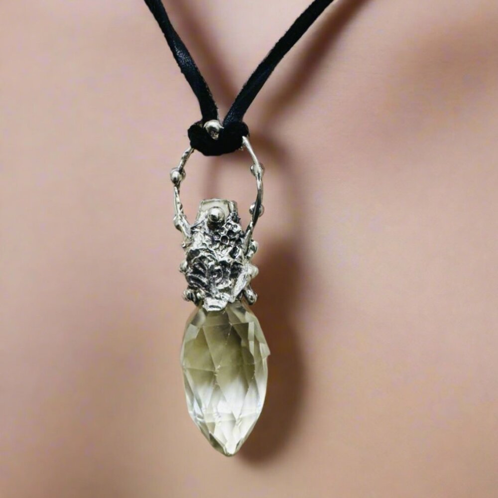 Crystal Perfume Bottle Topper Pendant Unique Artisan Crafted Silver & Necklace